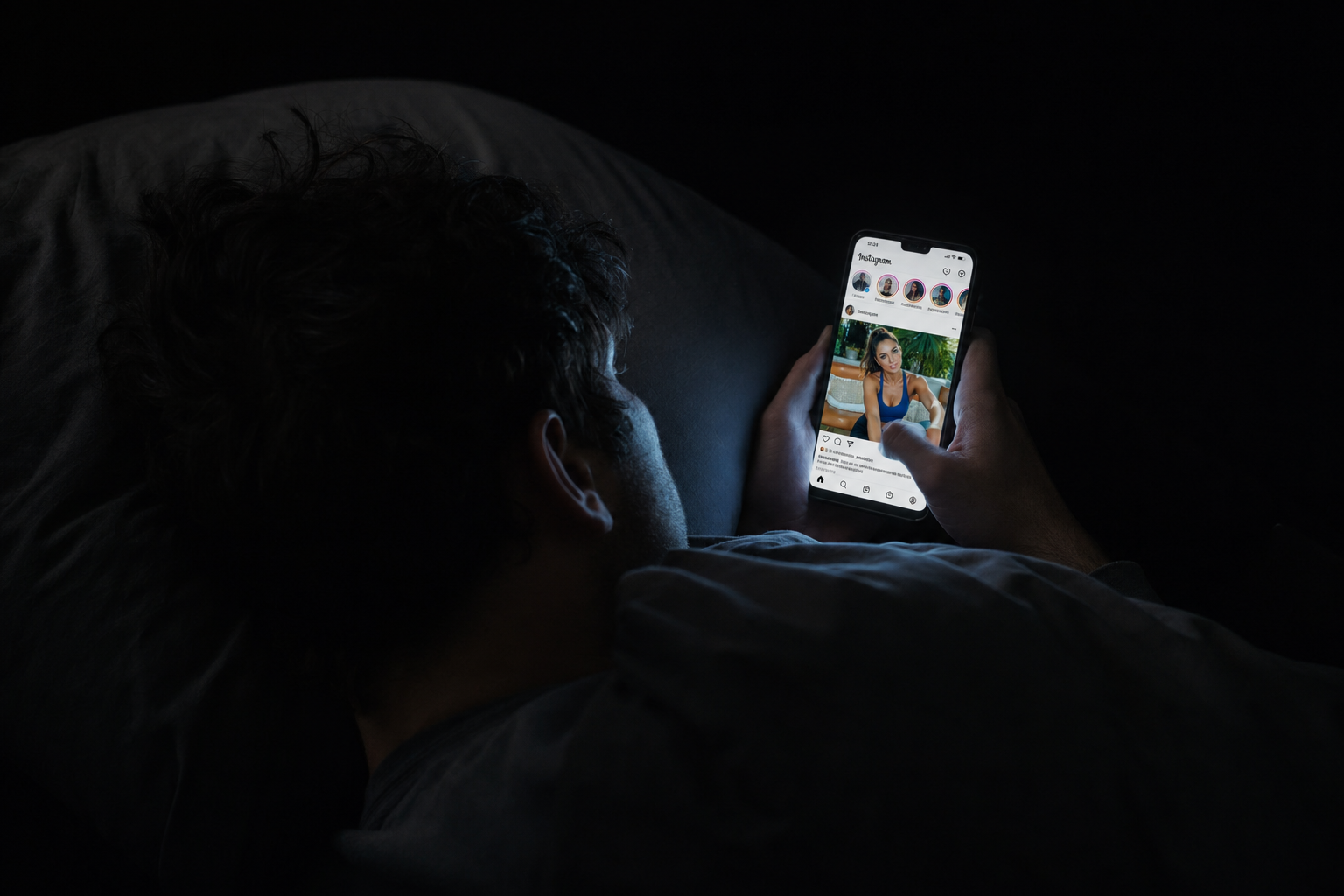 A man lying in a dark bed at night, scrolling Instagram on his phone. The phone screen is the only light source, casting a cool blue glow on his hands and pillow.