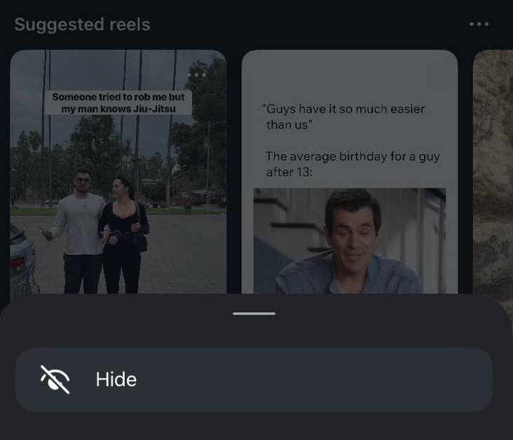 Instagram Suggested reels section with the three-dot menu open and the Hide option visible.