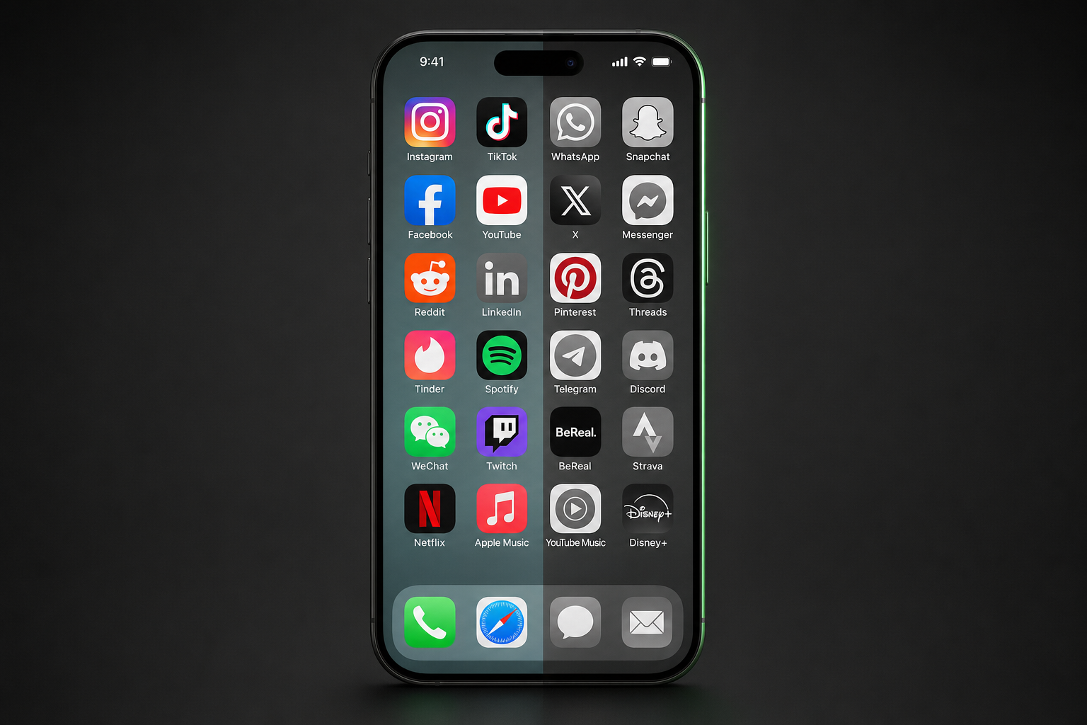 Single iPhone home screen split vertically. The left half shows social app icons (Instagram, WhatsApp, TikTok, Tinder, Netflix, etc.) in full color, and the right half shows the same continuous home screen in grayscale.