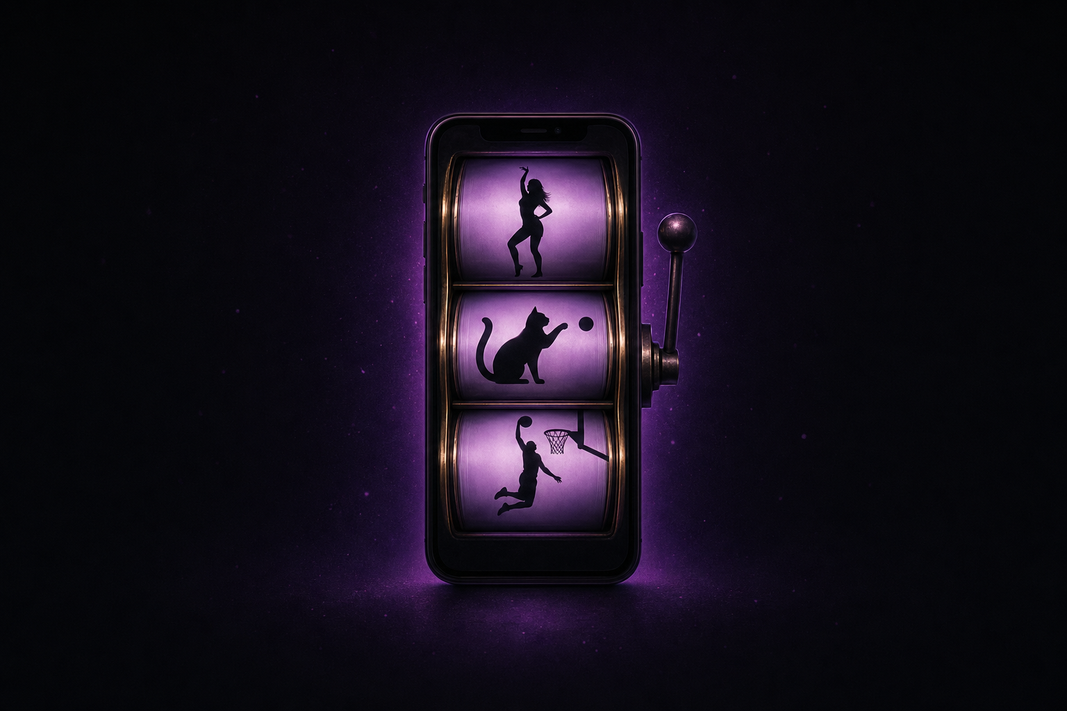 A smartphone styled as a slot machine. Three reels on the screen show silhouettes of a dancing woman, a cat playing with a ball, and a basketball slam dunk, illustrating the unpredictable variety of short-form video rewards.