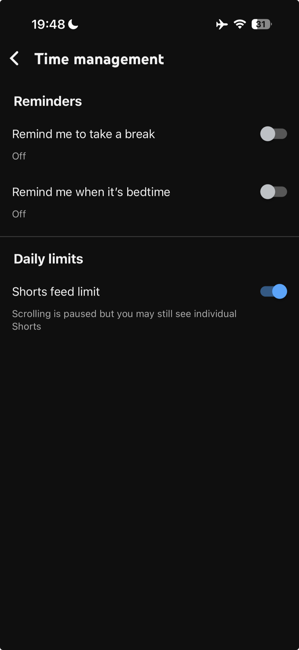 YouTube Time management settings with Shorts feed limit switched on under Daily limits and the subtitle Scrolling is paused but you may still see individual Shorts.